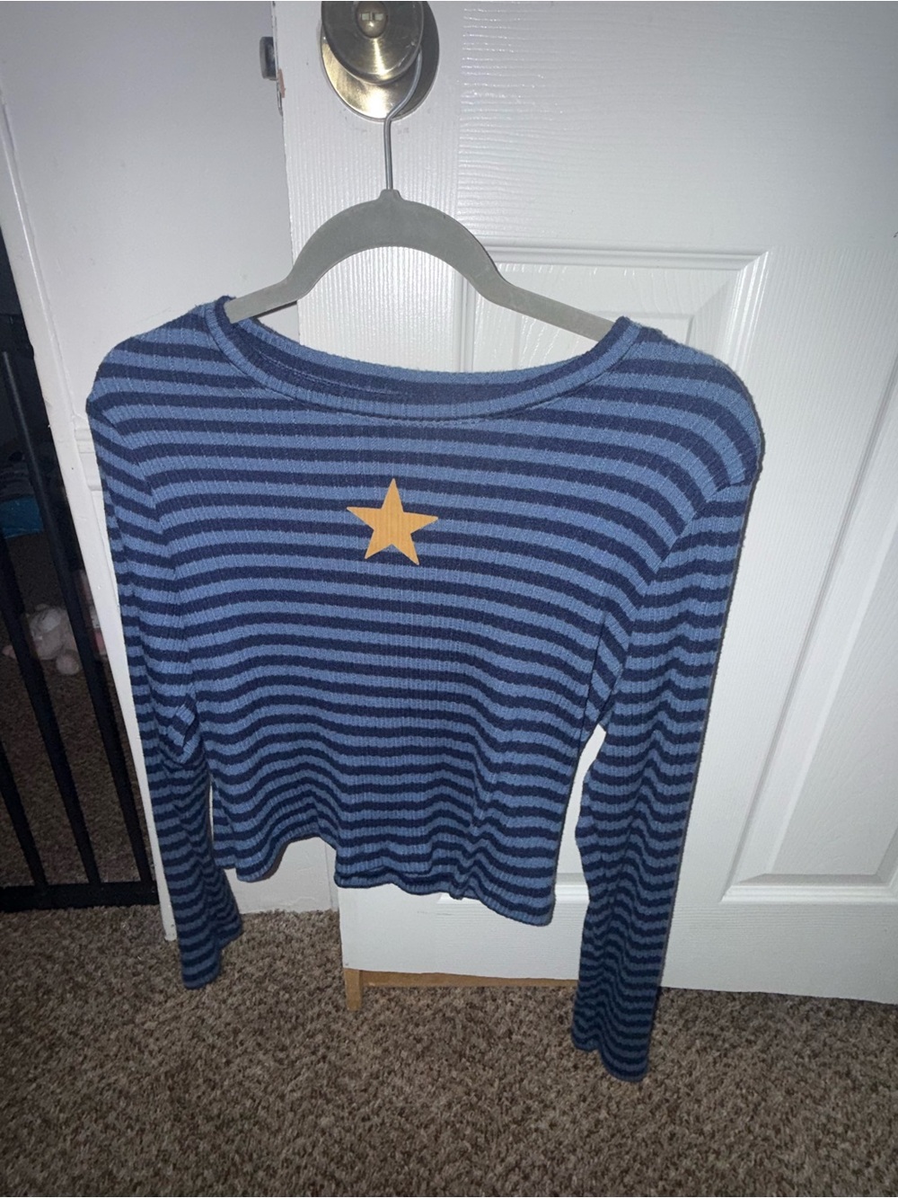 Blue Striped Long-Sleeve Top with Gold Star Accent